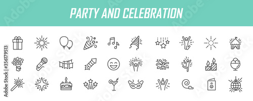 Set of linear party icons. Celebration icons in simple design. Vector illustration