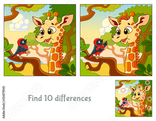 Funny giraffe talking to a small bird. Find 10 differences. Educational game for children. Cartoon vector illustration.