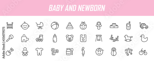 Set of linear baby icons. Newborn icons in simple design. Vector illustration