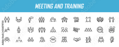 Set of linear meeting icons. Training icons in simple design. Vector illustration