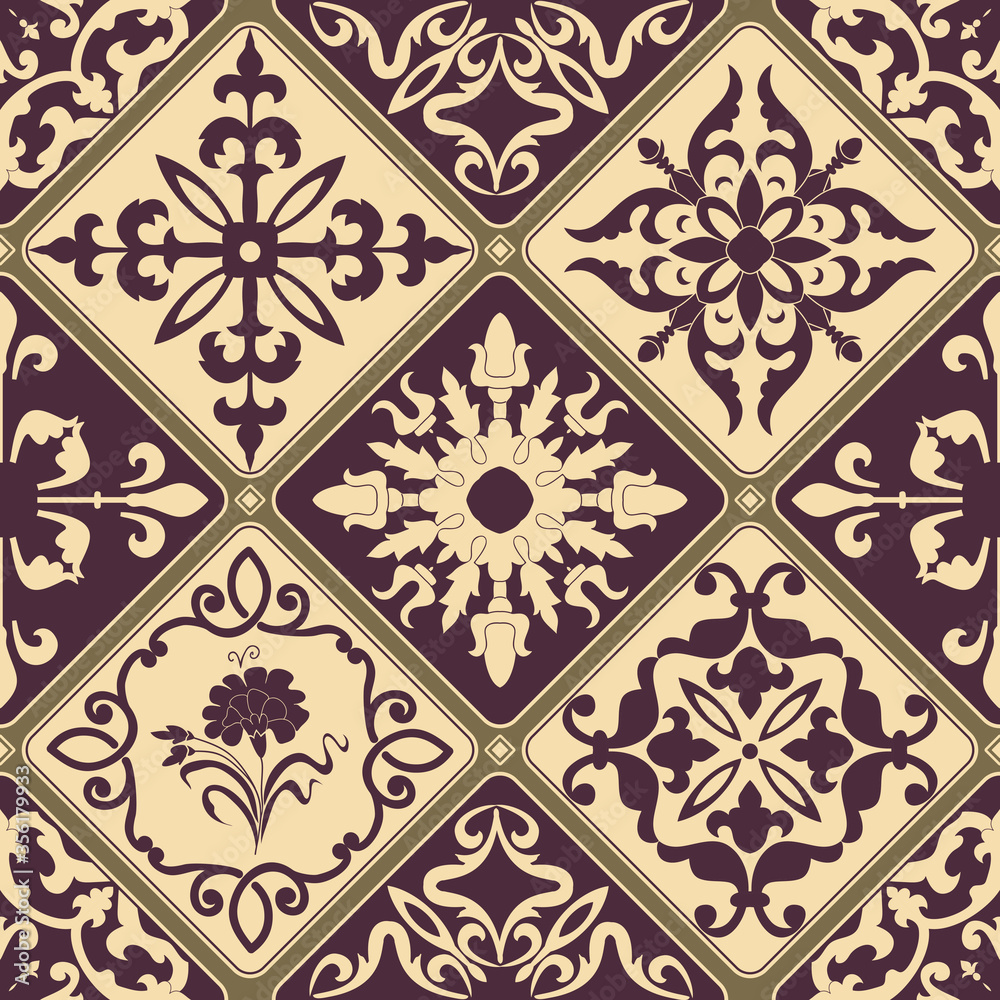Majolica pottery tile, brown and beige azulejo, original traditional Portuguese and Spain decor. Seamless patchwork tile with Victorian motives. Vector. Majolica pottery tile, brown and beige azulejo, original traditional Portuguese and Spain decor. Seamless patchwork tile with Victorian motives. Vector.