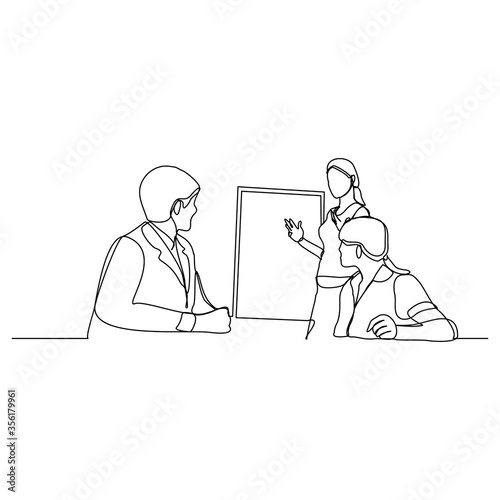 Continuous line drawing of business woman presentaion in meeting. Vector illustratio