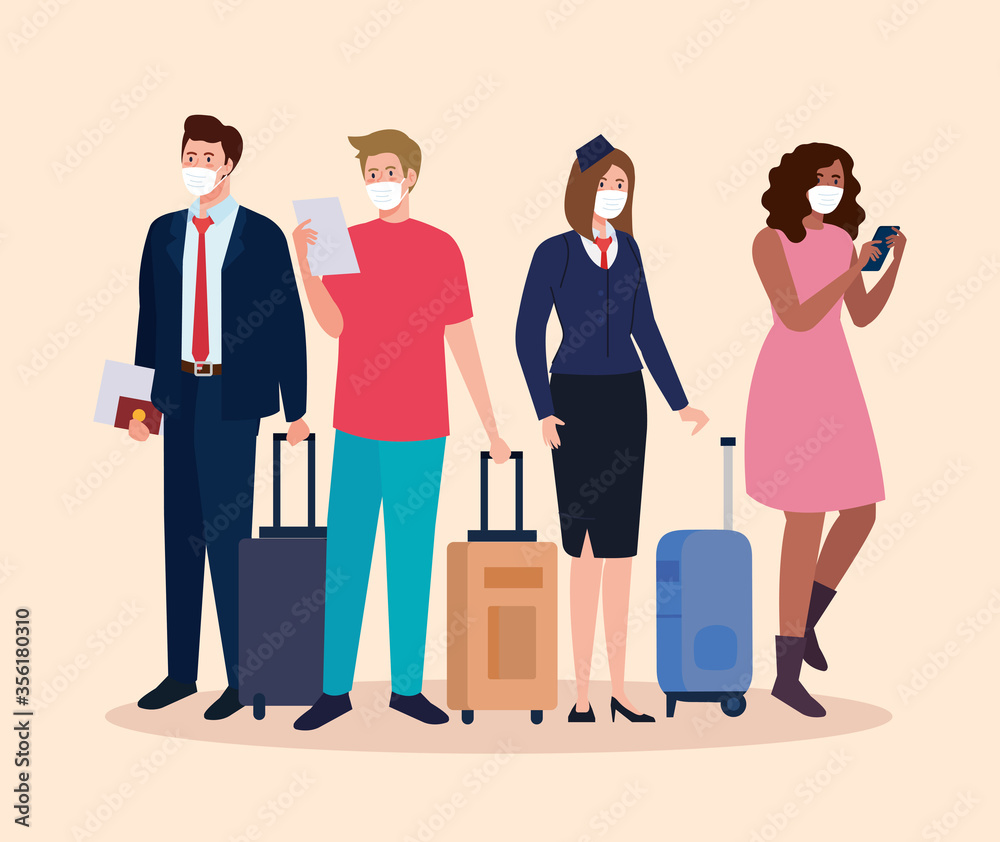 Φωτογραφία Stewardess and people with medical masks and bags design, Cancelled flights trav