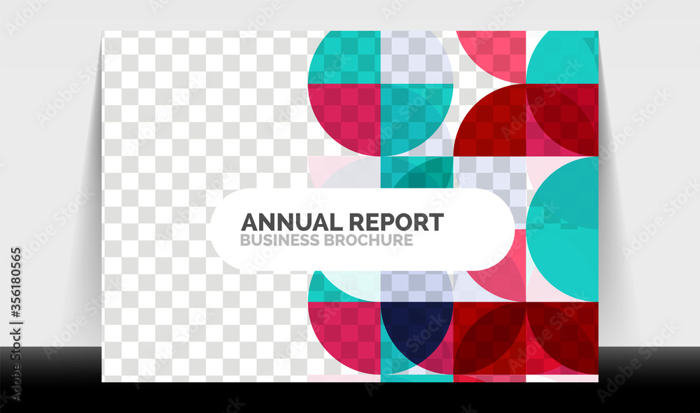 Horizontal A4 business flyer annual report template, circles and triangle style shapes modern geometric design for brochure layout, magazine or booklet Horizontal A4 business flyer annual report template, circles and triangle style shapes modern geometric design for brochure layout, magazine or booklet