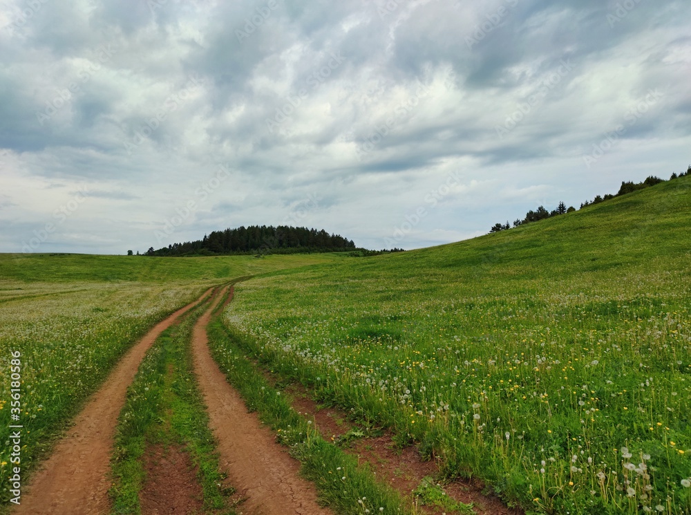 country road in a field near a hillside against a gray and gloomy cloudy sky