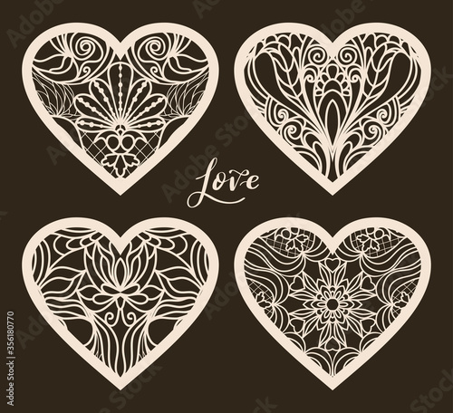 Set of 4 Valentine card or Wedding Invitation with lace pattern. Layout congratulatory card with carved openwork pattern. Pattern suitable for laser cutting, plotter cutting or printing