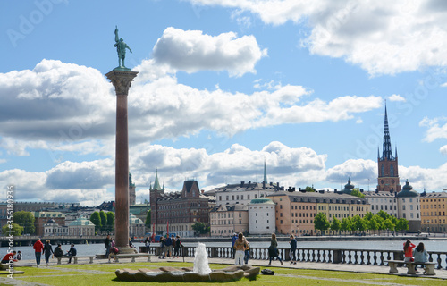 Sweden / Stockholm - June 2, 2019: Stockholm City Hall is on the island of Kungsholmen, overlooking the waters of Lake Mälaren near the islands of Riddarholmen and Södermalm. 