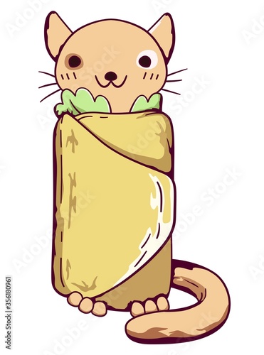 Chibi kawaii cat wrapped in tortilla. Cute illustration