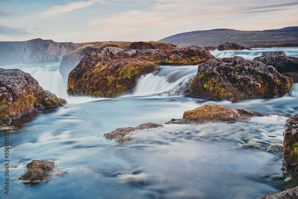 Waterfall Godafoss at sunset. Iceland.
