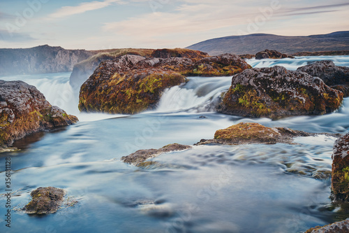 Waterfall Godafoss at sunset. Iceland.