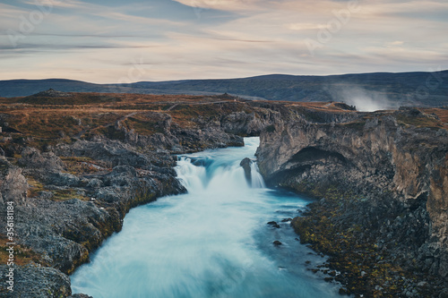 Waterfall Godafoss at sunset. Iceland.