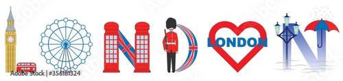 Vector banner of London word with city landmarks and symbols, big ben, london eye, phone booth, royal guard, lamp post, umbrella, brittish flag. Lettering London doodle illustration. photo