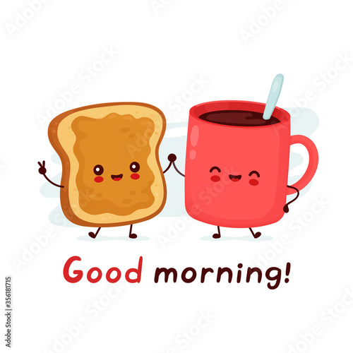 Cute happy funny coffee mug and toast