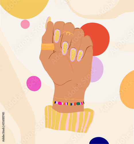 Trendy vector illustration of female manicured hand with modern jewelry. Hand drawn colorful concept poster in flat style.