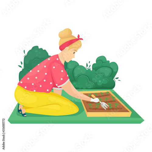 The girl is sitting on her knees and loosening a bed of plantings. Vector illustration. Seedling planting season. Subsistence farming.
