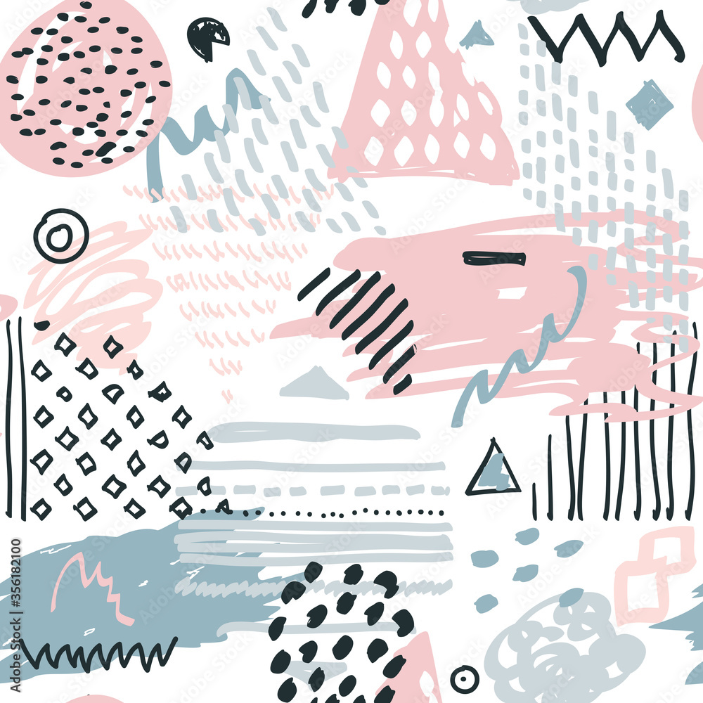 Vector seamless abstract pattern with brushstrokes in memphis style. Organic shabby background for printing brochure, poster, card, textile, wrapping paper, web page design. Shabby chic. Vector seamless abstract pattern with brushstrokes in memphis style. Organic shabby background for printing brochure, poster, card, textile, wrapping paper, web page design. Shabby chic.