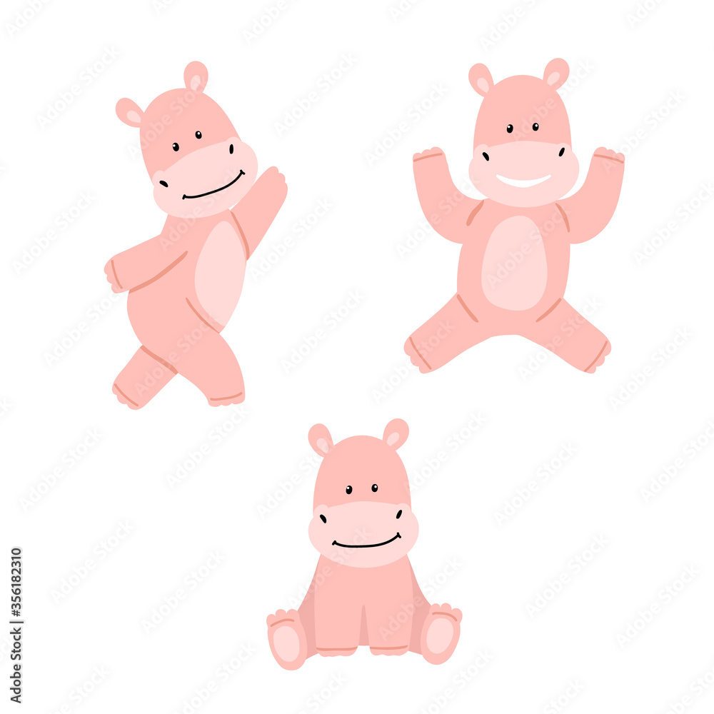 Set with funny pink hippos. Cute animals in different poses. For clipart, postcards, and kids design. Cartoon vector illustration.