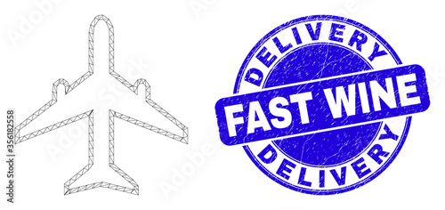 Web mesh airplane icon and Delivery Fast Wine seal. Blue vector round textured seal stamp with Delivery Fast Wine phrase. Abstract carcass mesh polygonal model created from airplane icon.
