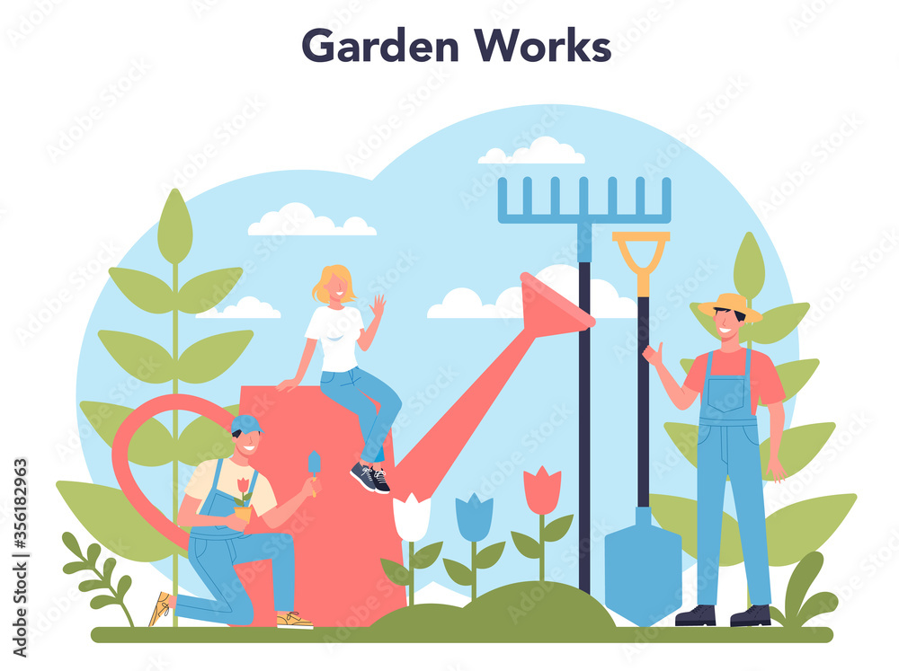 Gardening concept. Idea of horticultural designer business. Character Gardening concept. Idea of horticultural designer business. Character