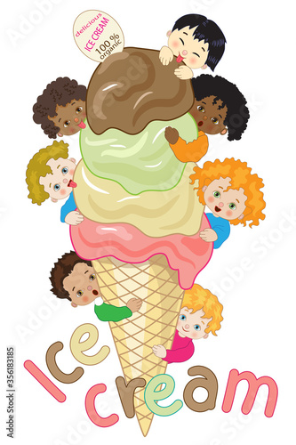 Large ice cream cone with many happy children around it