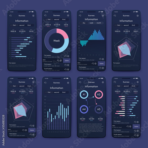 Modern infographic vector elements for business brochures. Use in website, mobile design, advertising and marketing. Pie charts, line graphs, bar graphs and timelines.