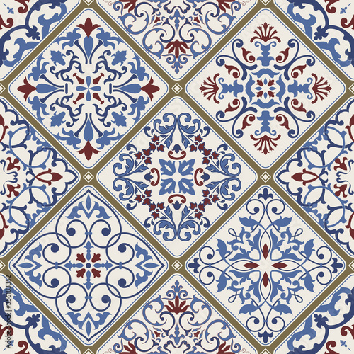 Seamless colorful patchwork tile with Islam, Arabic, Indian, ottoman motifs. Majolica pottery tile. Portuguese and Spain decor. Ceramic tile in talavera style. Vector illustration