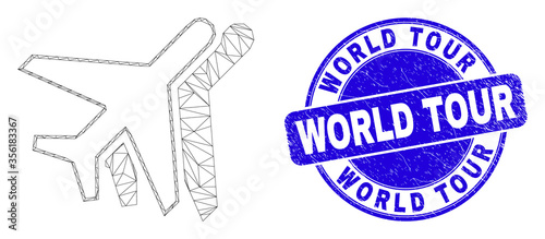Web carcass airplanes icon and World Tour seal. Blue vector rounded textured seal stamp with World Tour message. Abstract frame mesh polygonal model created from airplanes icon.