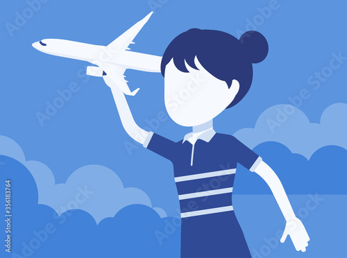 Girl playing with a toy airplane. Young pilot flying an aircraft, child running holding aero plane in hand, enjoy jet model, creative playtime for kids. Vector creative stylized illustration