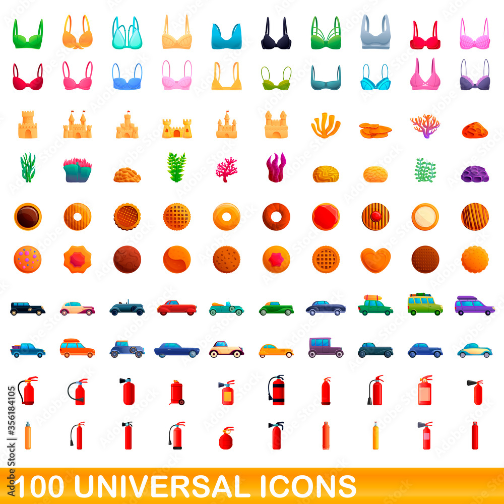 Naklejka premium 100 universal icons set. Cartoon illustration of 100 universal icons vector set isolated on white background