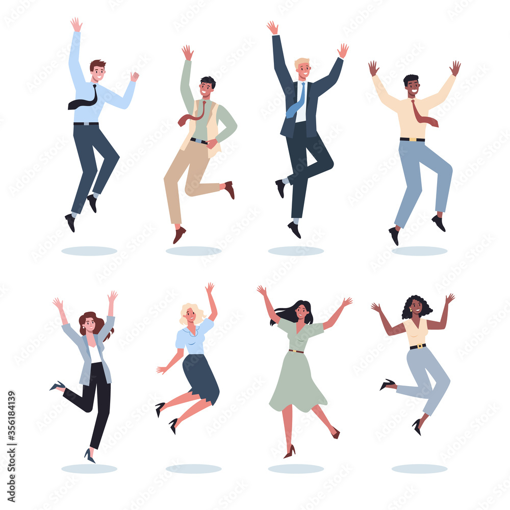 Jumping business woman and man set. Happy and successful Jumping business woman and man set. Happy and successful
