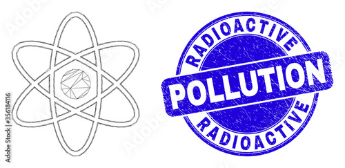 Web mesh atom pictogram and Radioactive Pollution seal. Blue vector rounded scratched seal with Radioactive Pollution text. Abstract carcass mesh polygonal model created from atom pictogram.