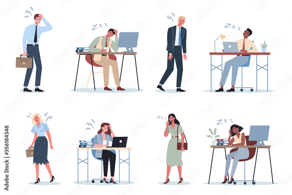 Exhausted business man and woman set. Business people with lack of energy