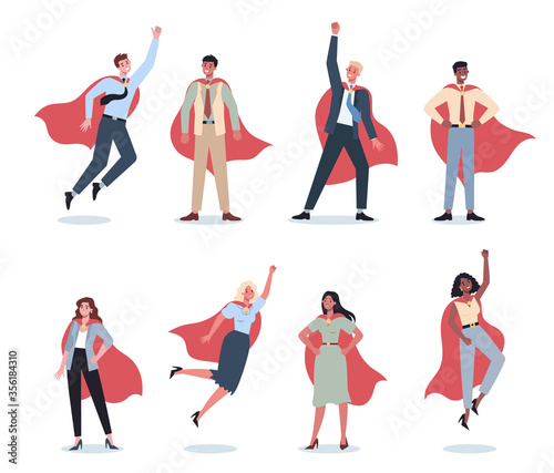 Businessman and businesswoman with red superhero cloak set. Man