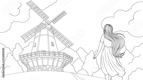  Elegant girl goes to a big old mill