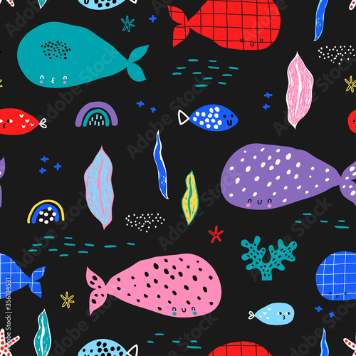 Bright sea inhabitants on a dark background. Creative undersea childish background.