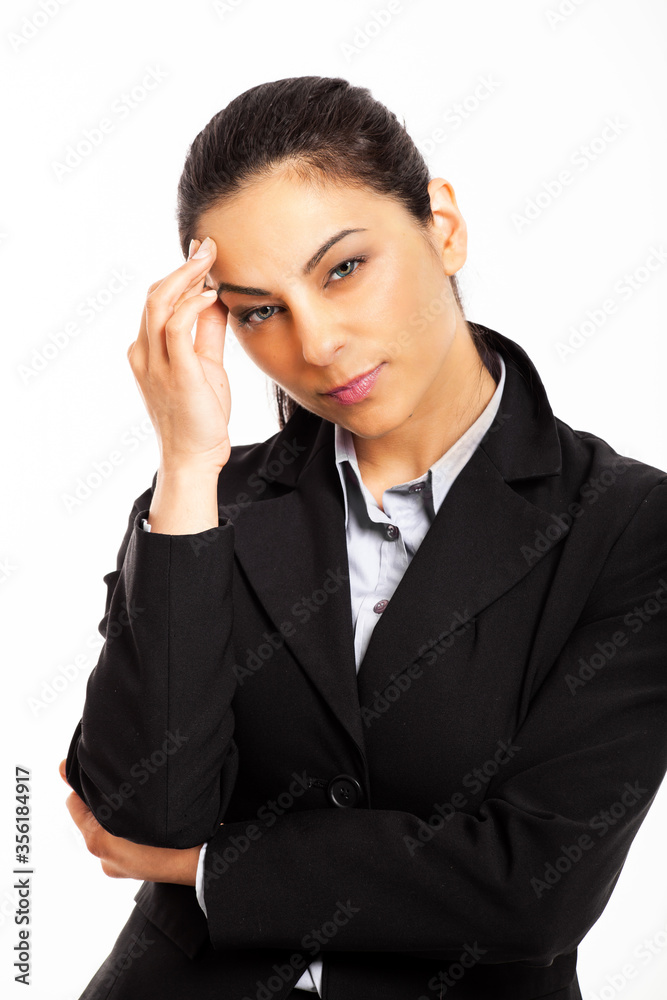 Young woman has headache, isolated on white background Young woman has headache, isolated on white background