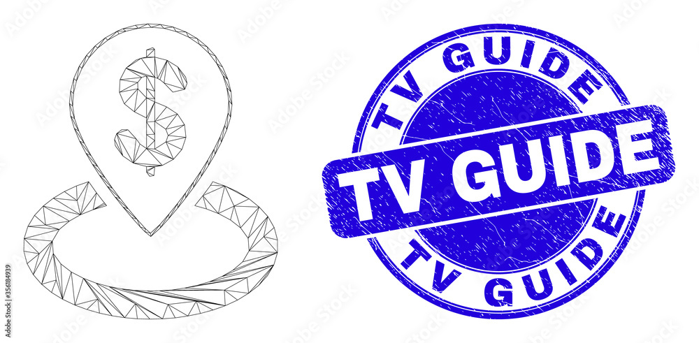 Web carcass bank location icon and TV Guide seal stamp. Blue vector rounded textured seal stamp with TV Guide caption. Abstract carcass mesh polygonal model created from bank location icon.