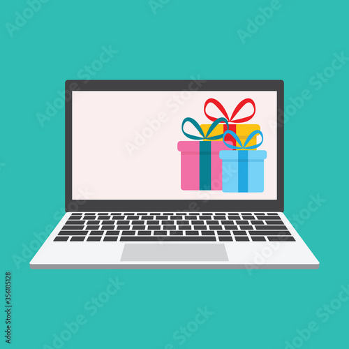 online gift delibery flat vector laptope with gift concept icon photo