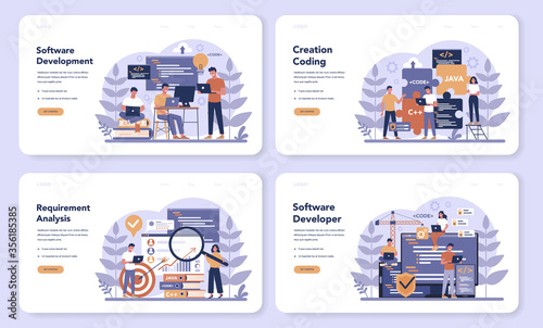 Software web banner or landing page set. Idea of programming