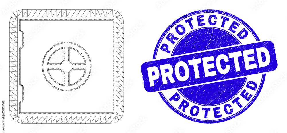 Web mesh banking safe icon and Protected stamp. Blue vector round grunge stamp with Protected title. Abstract frame mesh polygonal model created from banking safe pictogram.