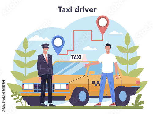 Taxi service concept. Yellow taxi car. Automobile cab with driver
