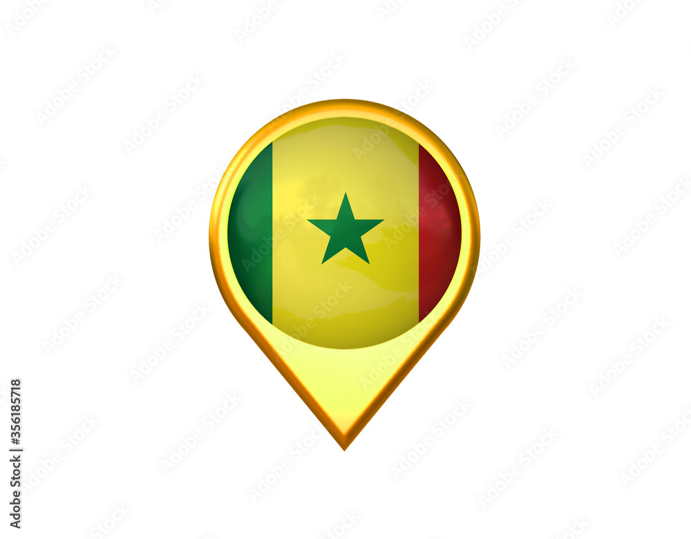 Senegal flag location marker icon. Isolated on white background. 3D illustration, 3D rendering Senegal flag location marker icon. Isolated on white background. 3D illustration, 3D rendering