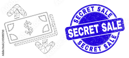 Web carcass banknotes exchange arrows icon and Secret Sale stamp. Blue vector round grunge stamp with Secret Sale message.