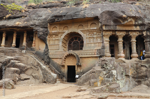 Front view or facade of Nasik Caves aka Pandavleni Caves, Pandu Lena, Pandu Caves or Trirashmi Leni were built by Hinayana Buddhists in 3rd century BC. Nashik tourism. photo