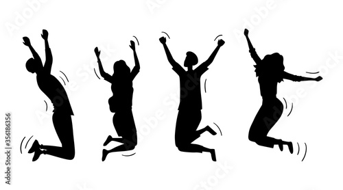 Jumping Happy People Set. Silhouettes Of Young Funny Teens Boys And Girls Jumping Together. Joy Lifestyle, Happy And Success In Studying, Business Or Personal Life. Cartoon Flat Vector Illustration