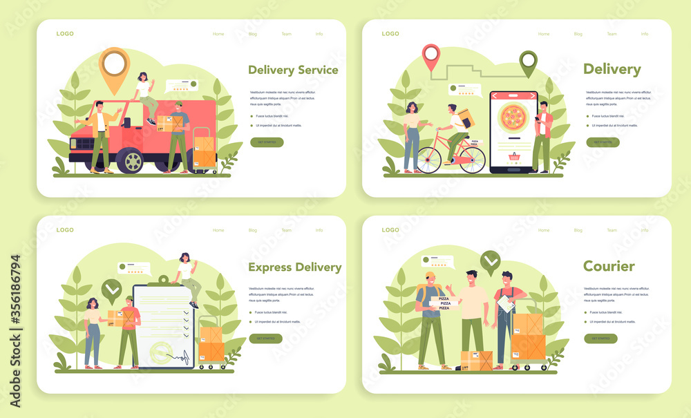 Delivery service web banner or landing page set. Courier in uniform