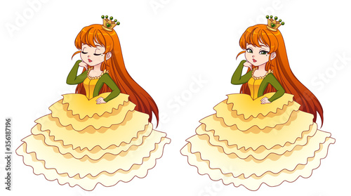 Cute little princess with red hair wearing yellow ball dress and golden crown.