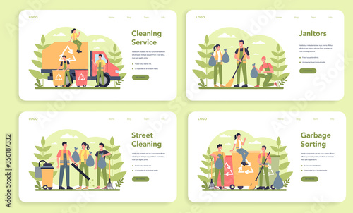 Cleaning company or janitor service web banner or landing page set.