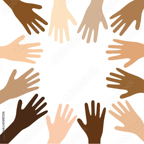 Different skin tone of many hands together, copy space 