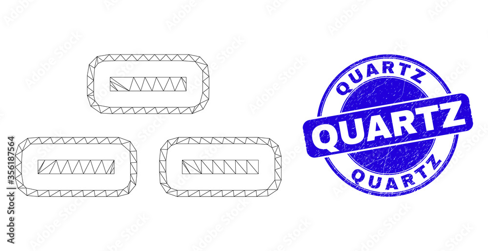 Web mesh bricks pictogram and Quartz seal stamp. Blue vector round grunge stamp with Quartz phrase. Abstract frame mesh polygonal model created from bricks pictogram. Web mesh bricks pictogram and Quartz seal stamp. Blue vector round grunge stamp with Quartz phrase. Abstract frame mesh polygonal model created from bricks pictogram.